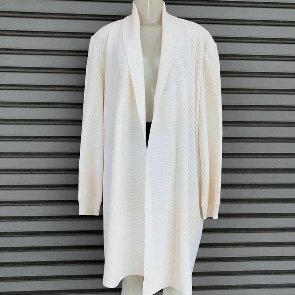 St. John Collection Bright White Chevron Ribbed Knit Duster Cardigan XL